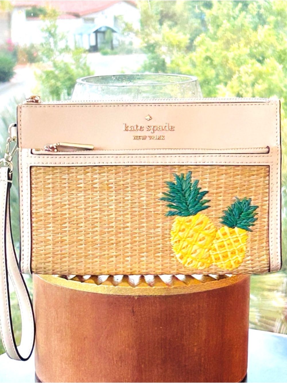 kate spade Natural Straw Wristlet with Embroidered Yellow Pineapple